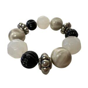 Chunky Beaded Stretch Bracelet Black White & Silver-Tone Statement Jewelry Women